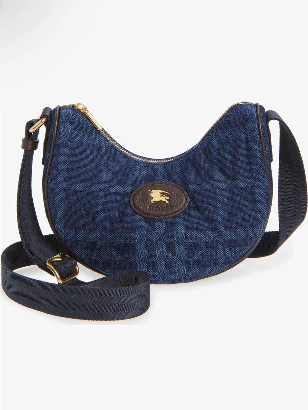 Burberry Navy Check Horseshoe Denim Saddle Crossbody, NEW